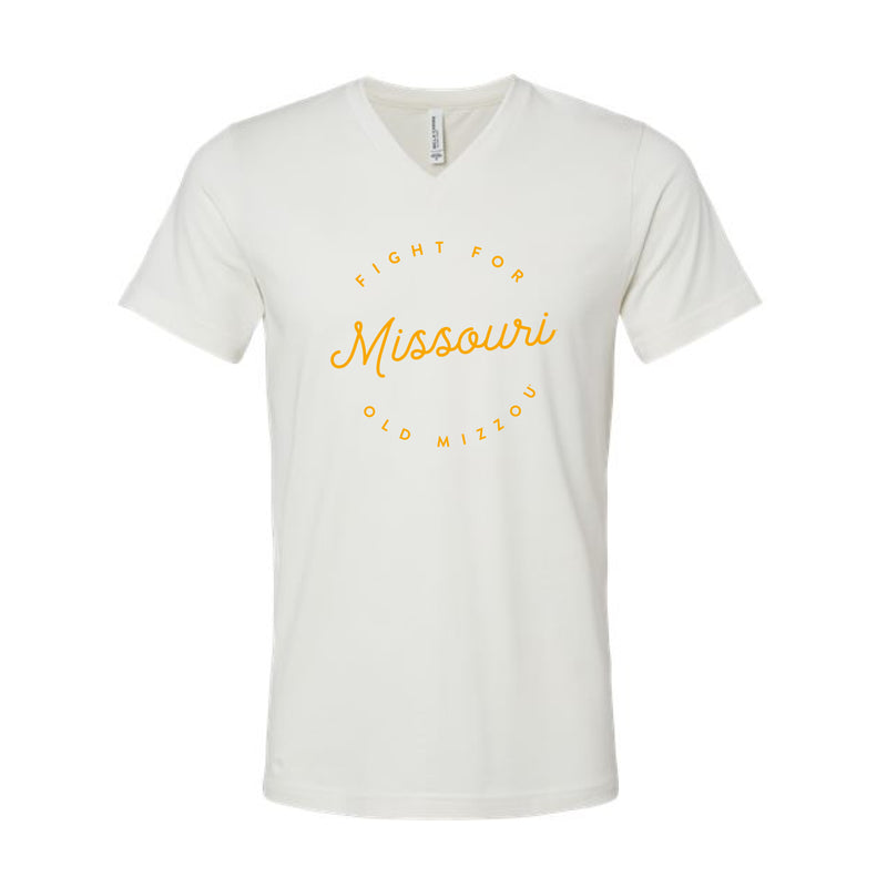 The Fight for Old Missouri Script Circle | Vintage White V-Neck Tee