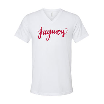 The Jaguars Script | Adult White V-Neck Tee