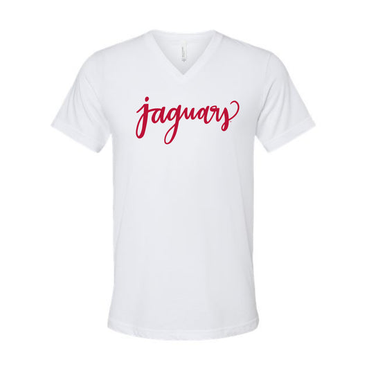 The Jaguars Script | Adult White V-Neck Tee