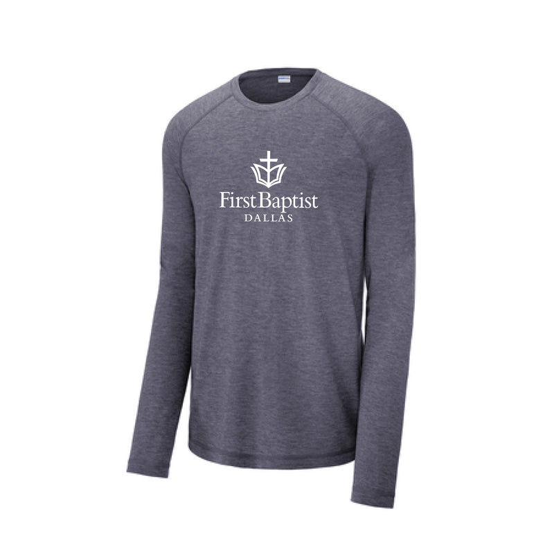 The First Baptist Dallas Logo | True Heather Navy Long Sleeve Tri-Blend Tee