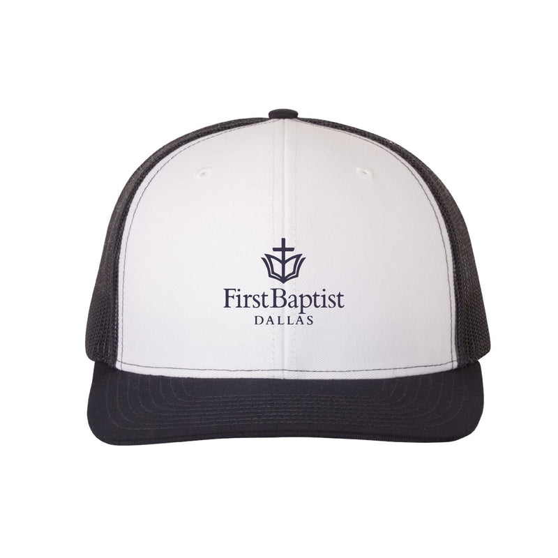 The First Baptist Dallas Logo | Embroidered White/Navy Richardson Trucker Cap