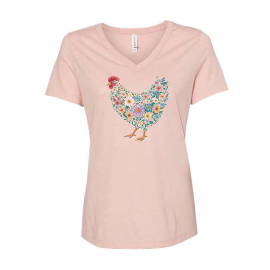 The Floral Watercolor Chicken | Adult Heather Peach V-Neck Tee