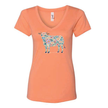 The Floral Watercolor Cow | Adult Light Orange V-Neck Tee