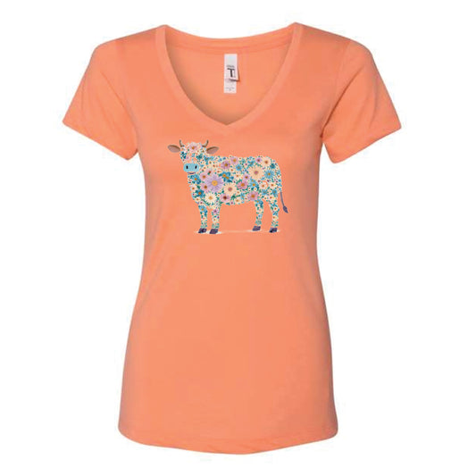 The Floral Watercolor Cow | Adult Light Orange V-Neck Tee