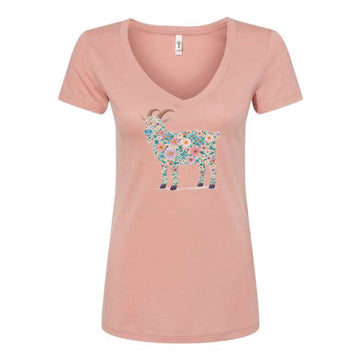The Floral Watercolor Goat | Adult Desert Pink V-Neck Tee