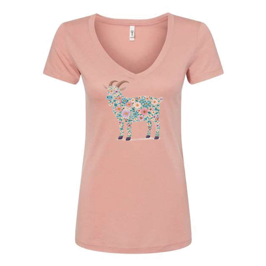The Floral Watercolor Goat | Adult Desert Pink V-Neck Tee