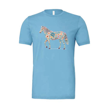 The Floral Watercolor Horse | Adult Ocean Blue Tee