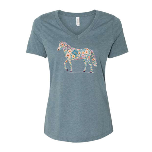 The Floral Watercolor Horse | Adult Heather Slate V-Neck Tee
