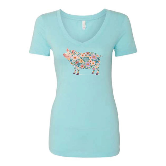The Floral Watercolor Pig | Adult Cancun V-Neck Tee