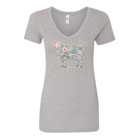 The Floral Watercolor Sheep | Adult Heather Grey V-Neck Tee