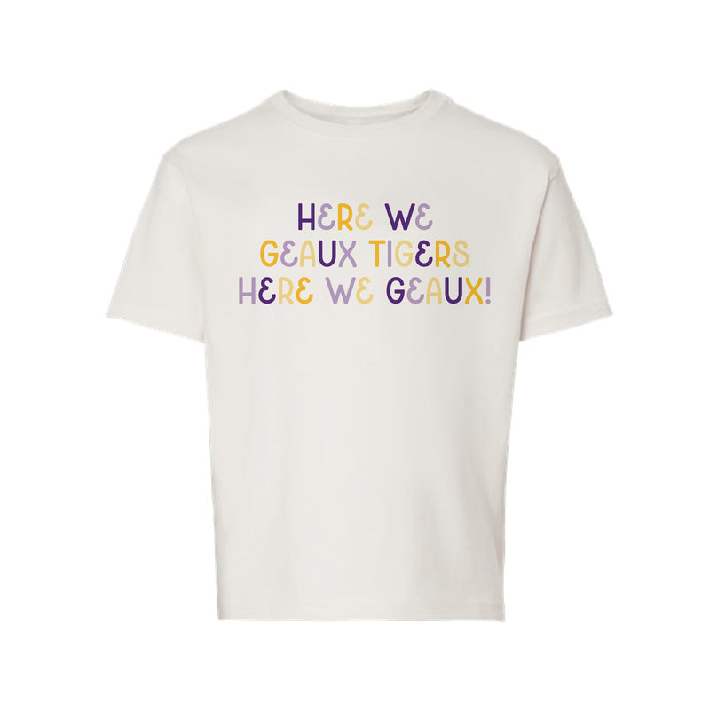 The Here We Geaux Tigers Multi | Youth White Tee
