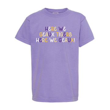 The Here We Geaux Tigers Multi | Youth Violet Tee