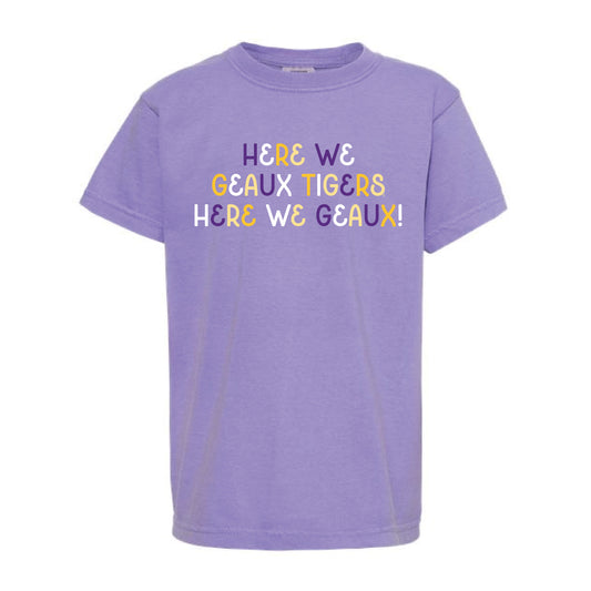 The Here We Geaux Tigers Multi | Youth Violet Tee