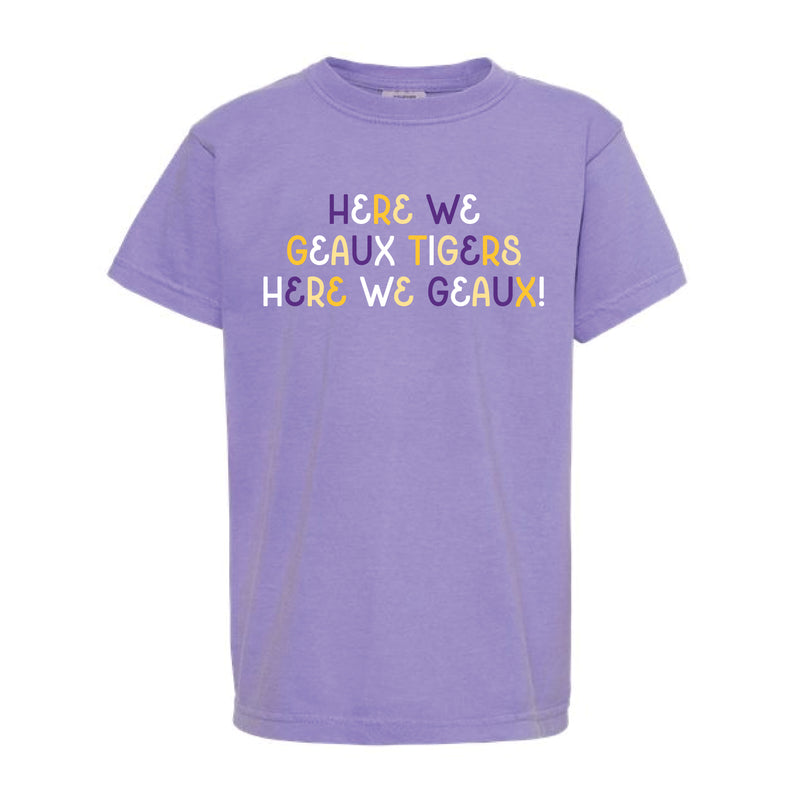 The Here We Geaux Tigers Multi | Youth Violet Tee