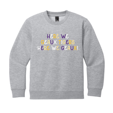 The Here We Geaux Tigers Multi | Youth Light Grey Heather Sweatshirt