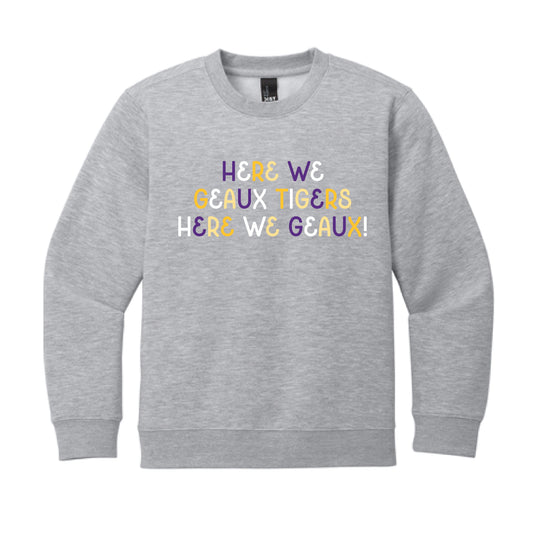 The Here We Geaux Tigers Multi | Youth Light Grey Heather Sweatshirt