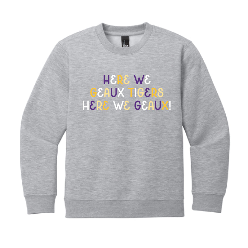 The Here We Geaux Tigers Multi | Youth Light Grey Heather Sweatshirt