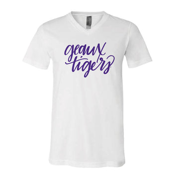 The Geaux Tigers Script | White V-Neck Tee