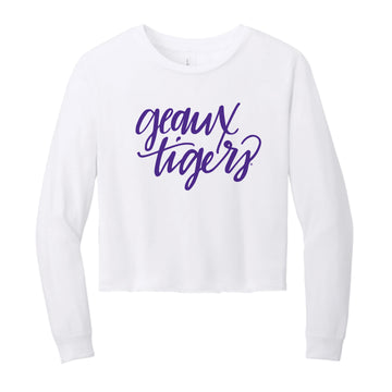 The Geaux Tigers Script | White Long Sleeve Crop Tee