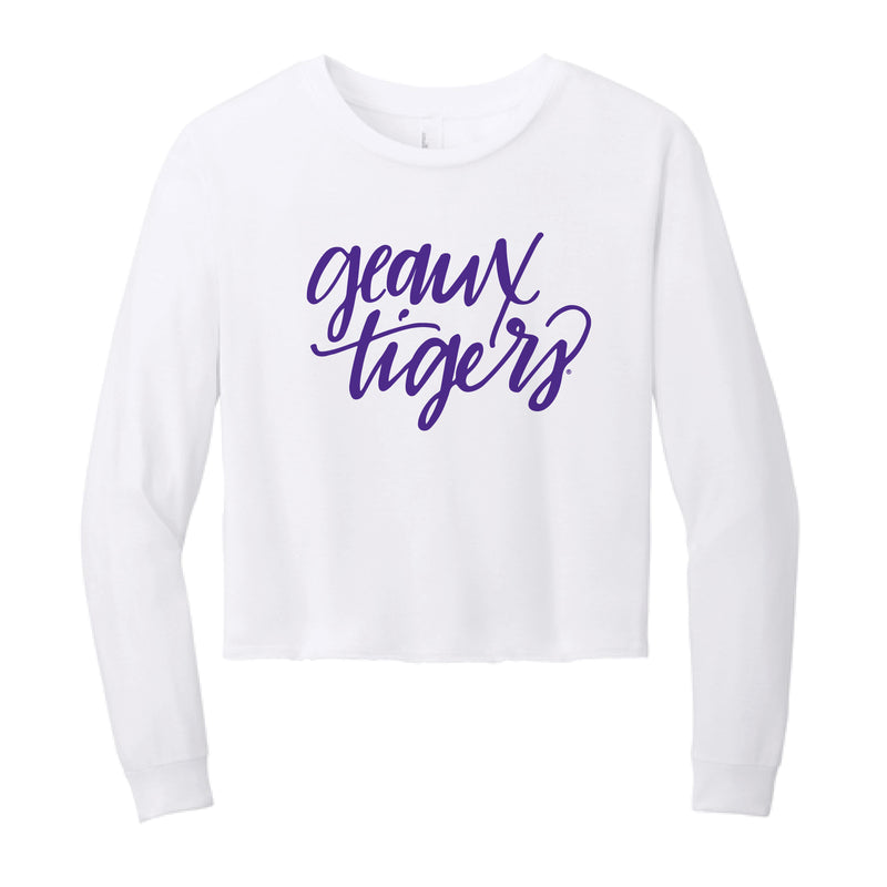 The Geaux Tigers Script | White Long Sleeve Crop Tee