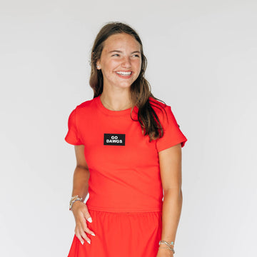 The Raegan Ribbed Baby Tee Go Dawgs Woven Label | Bright Red