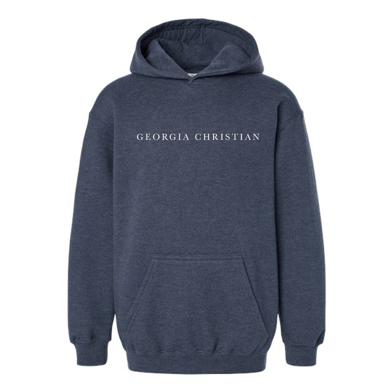 The Georgia Christian Serif | Youth Heather Denim Hooded Sweatshirt