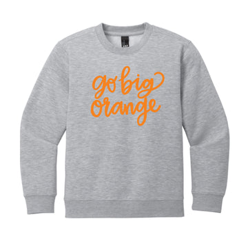 The Go Big Orange Cursive | Youth Light Heather Grey Crew Sweatshirt