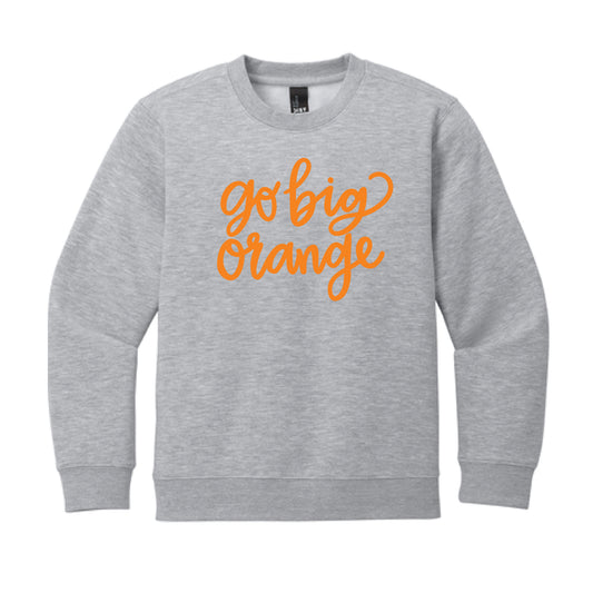 The Go Big Orange Cursive | Youth Light Heather Grey Crew Sweatshirt