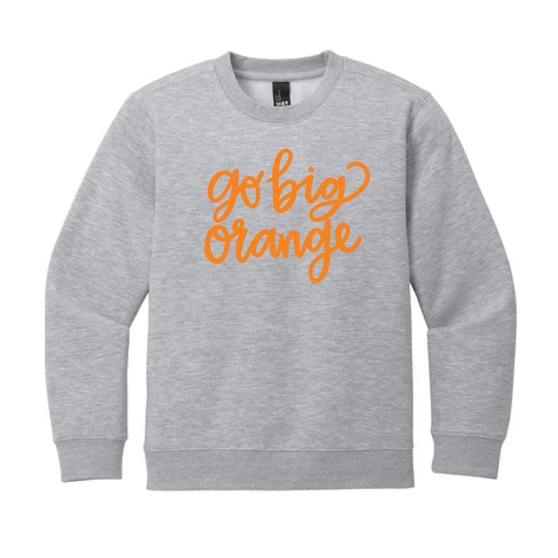 The Go Big Orange Cursive | Youth Light Heather Grey Crew Sweatshirt