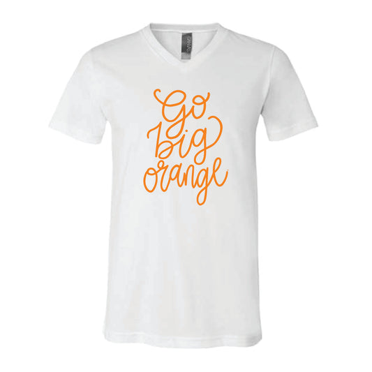 The Go Big Orange Script | White V-Neck Tee