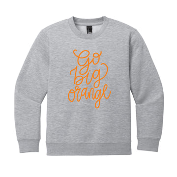 The Go Big Orange Script | Youth Light Grey Heather Crew Sweatshirt