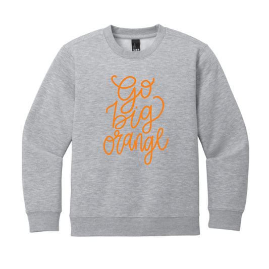 The Go Big Orange Script | Youth Light Grey Heather Crew Sweatshirt