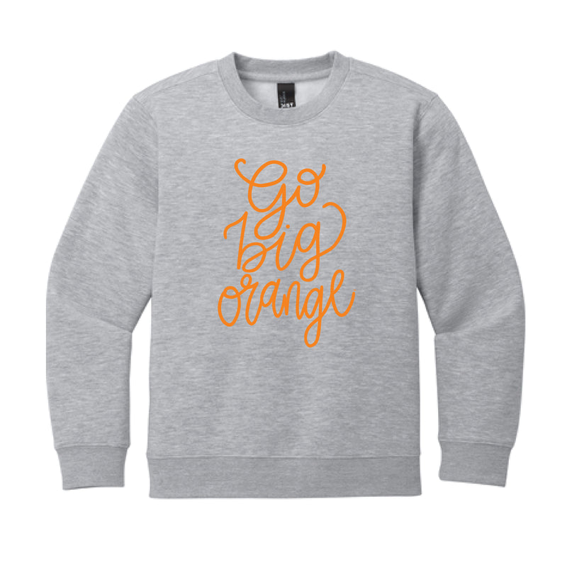 The Go Big Orange Script | Youth Light Grey Heather Crew Sweatshirt
