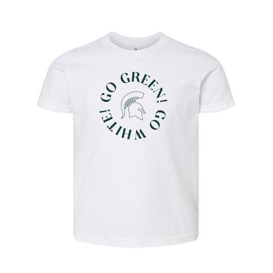 The Go Green, Go White Spartan Circle | Youth White Tee