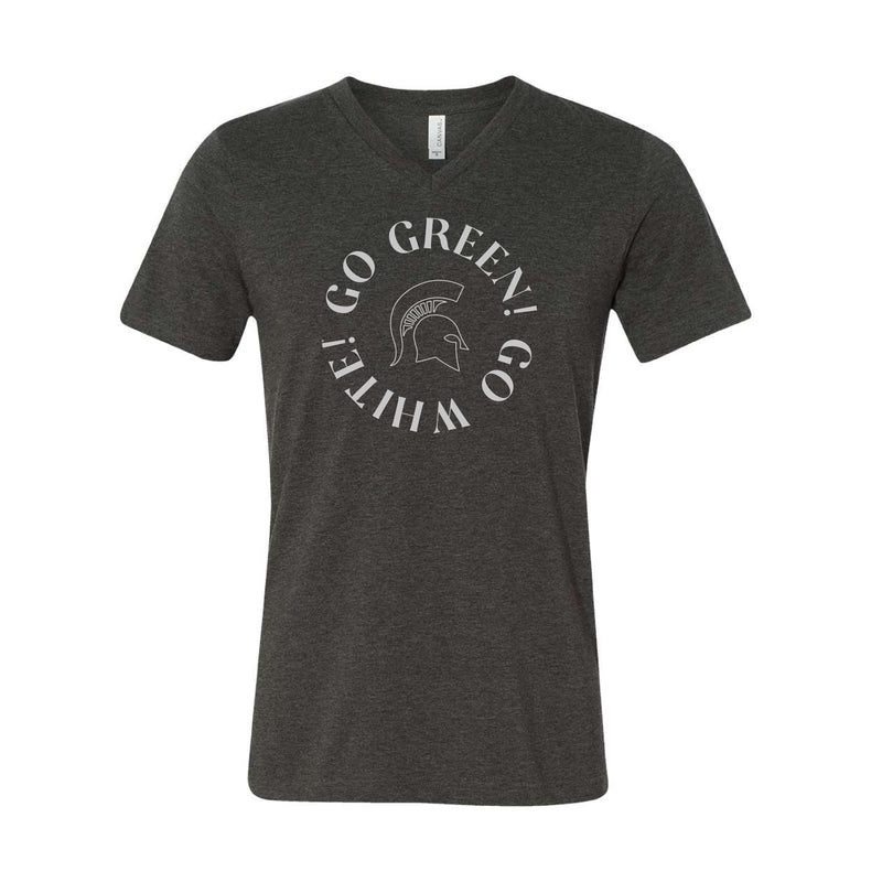 The Go Green, Go White Spartan Circle | Dark Heather Grey V-Neck Tee