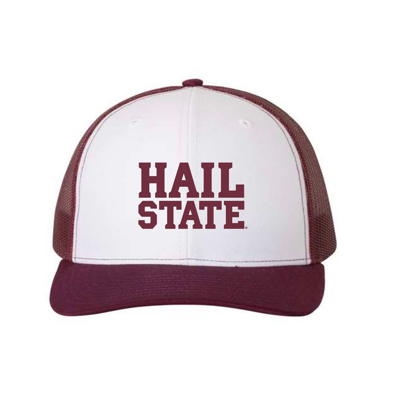 The Hail State Logo Embroidered | White-Maroon Richardson Trucker Cap