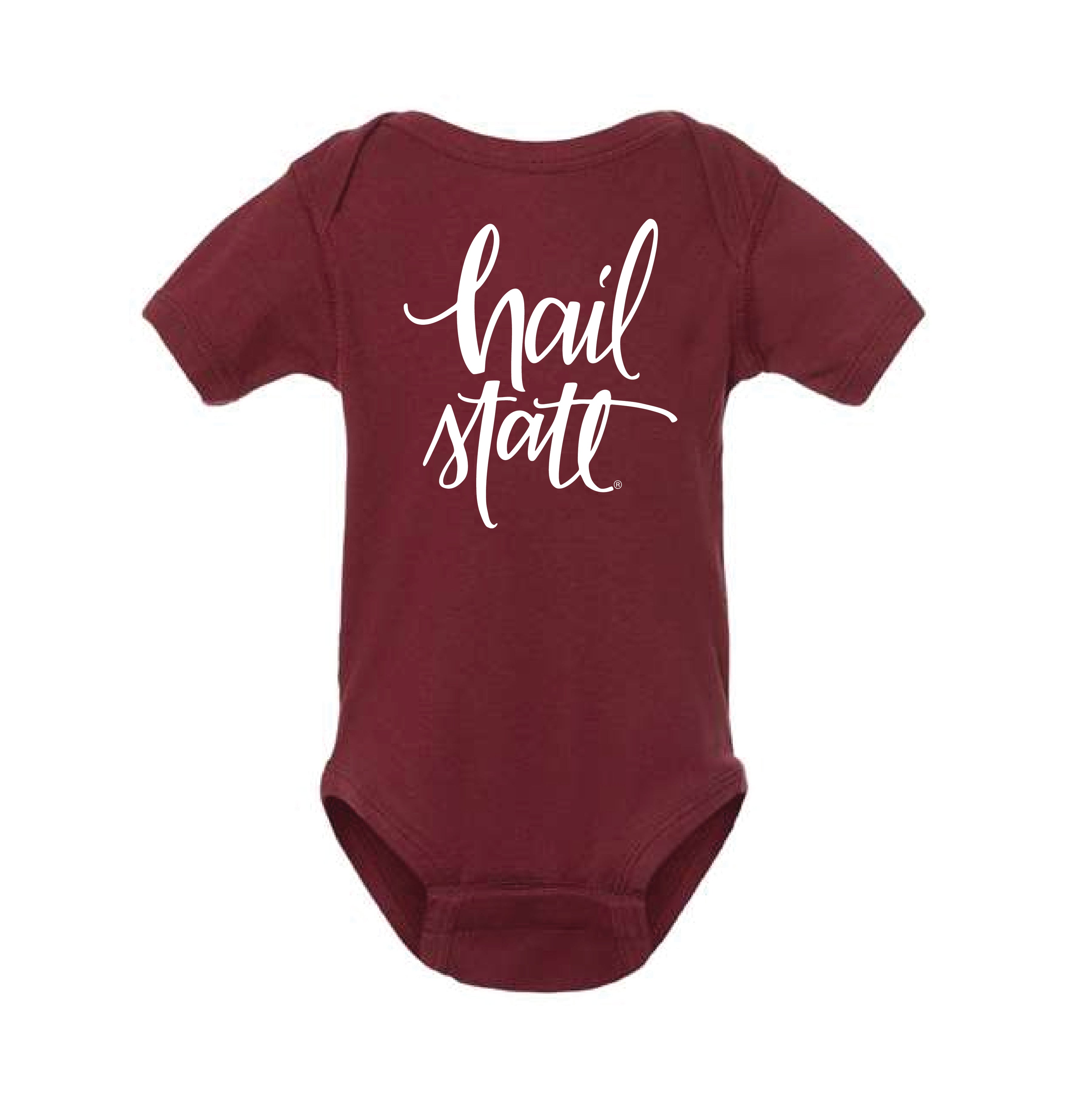 The Hail State Script | Baby Maroon Onesie – Scarlet & Gold