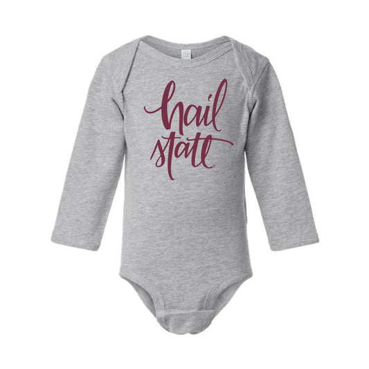 The Hail State Script | Baby Heather Long Sleeve Onesie