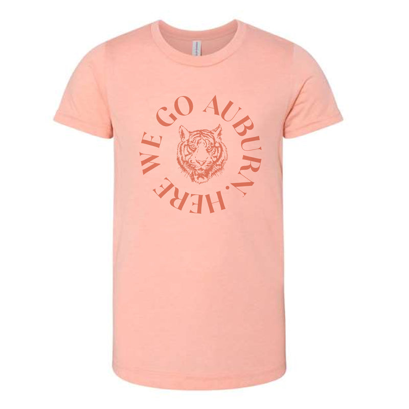 The Here We Go Auburn Tiger Curve | Youth Peach Triblend Tee