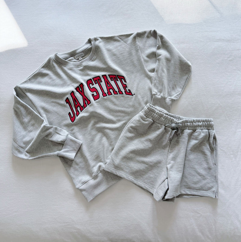 The Youth Heather Grey Mallory Crewneck | Jax State Applique Arch