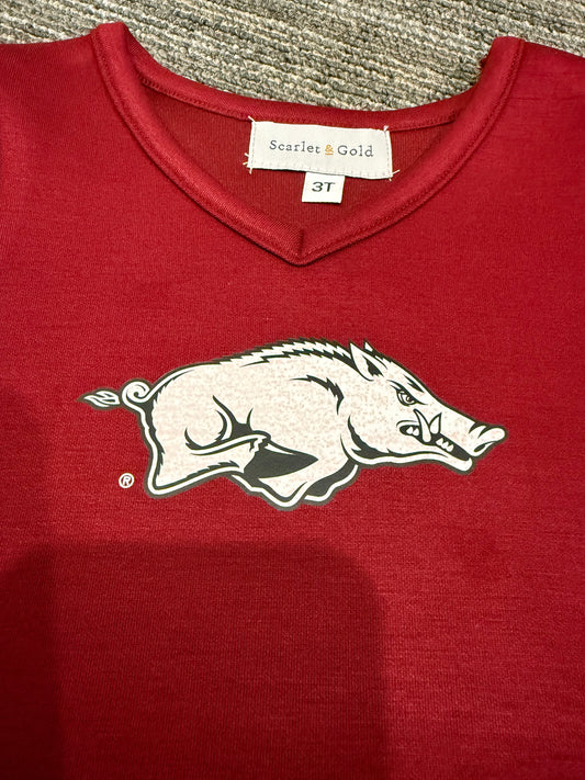 The University of Arkansas | Deep Red Power Stripe V-Neck Cheer Dress *LOGO MISPRINT*