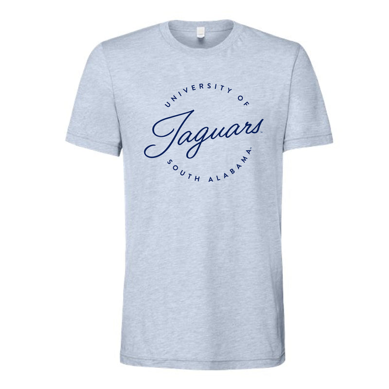 The Jaguars Script Circle | Adult Heather Prism Blue Tee