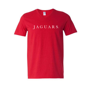 The Jaguars Serif | Adult Cherry Red V-Neck Tee