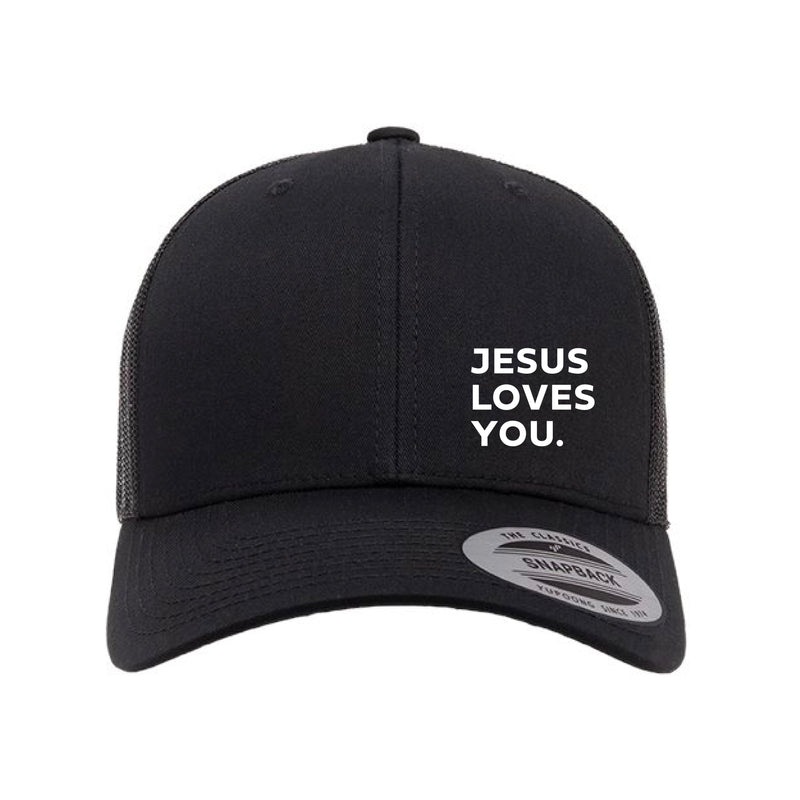 The Jesus Loves You | Embroidered Black Retro Trucker Cap