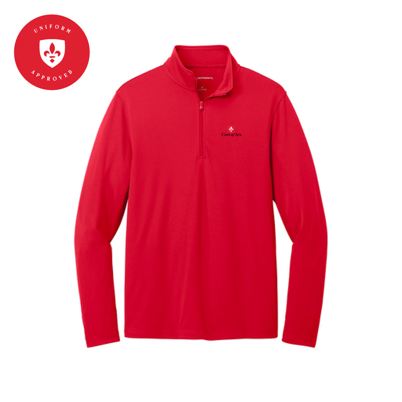 The Curé of Ars Logo | Embroidered Rich Red Micro-Mesh 1/4 Zip Pullover