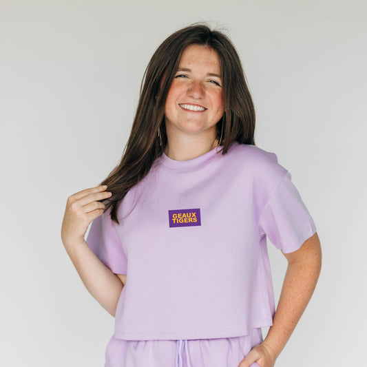 The Kristen Airy Tee Geaux Tigers Woven Label | Lavender
