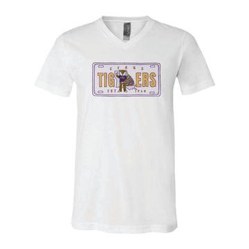 The LSU License Plate | White V-Neck Tee