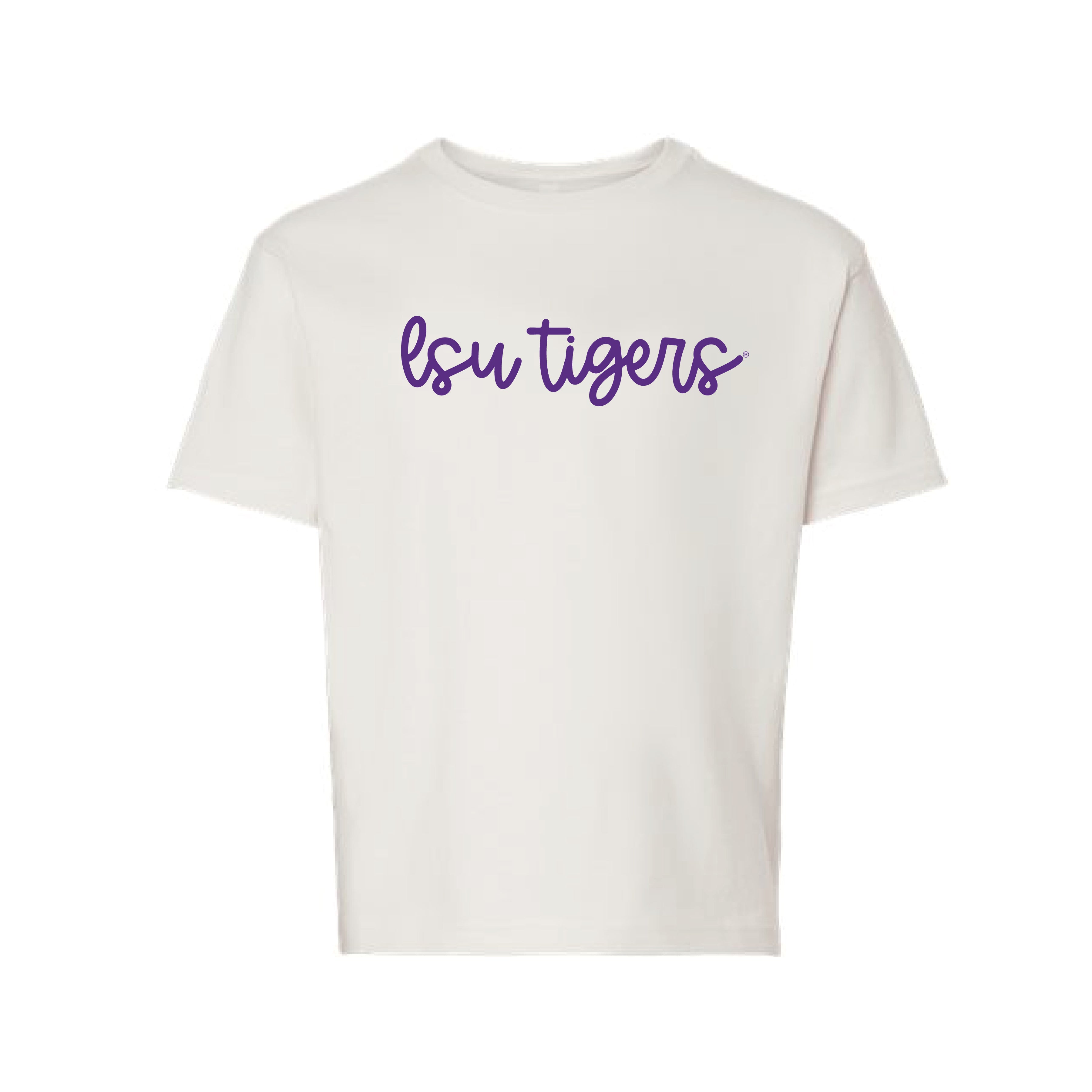 The LSU Tigers Cursive | Youth Vintage White Tee – Scarlet & Gold