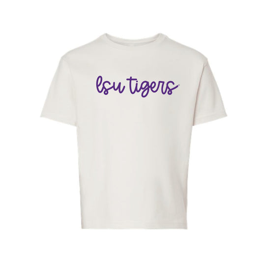 The LSU Tigers Cursive | Youth Vintage White Tee