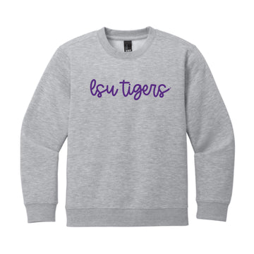 The LSU Tigers Cursive | Youth Light Grey Heather Sweatshirt